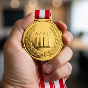 A hand holding a granted patent certificate