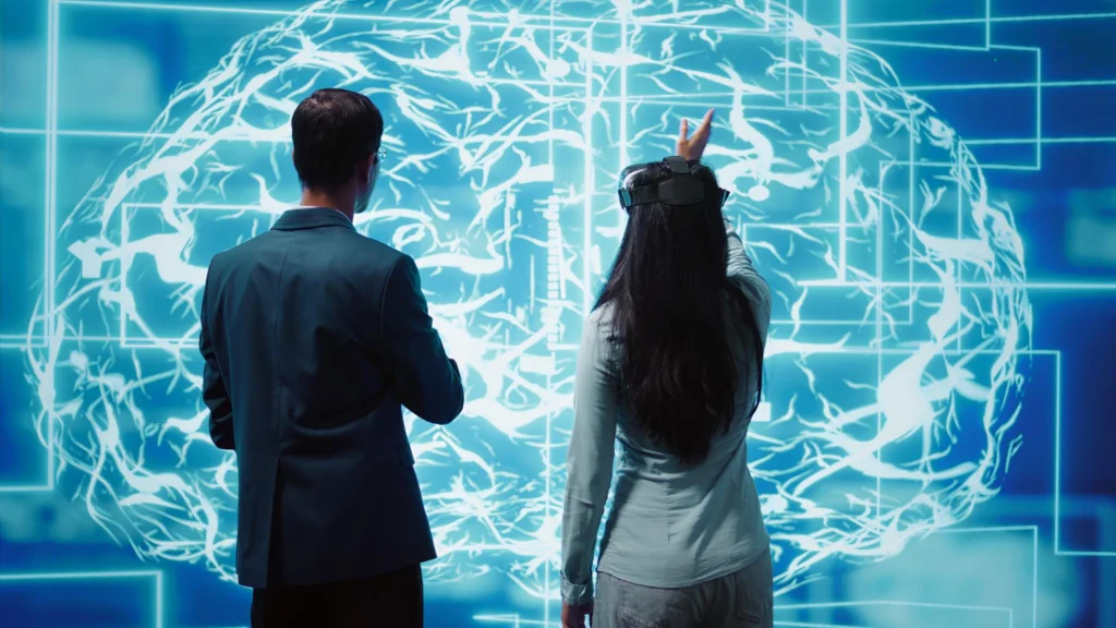 A man and woman in business attire looking at a futuristic digital brain interface, illustrating the challenges of online piracy and digital enforcement.