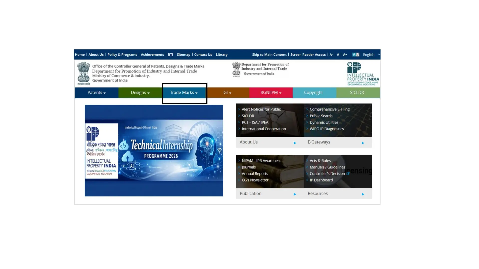 Screenshot of the IP India official website homepage highlighting the "Trade Marks" tab in the navigation menu for certificate download.