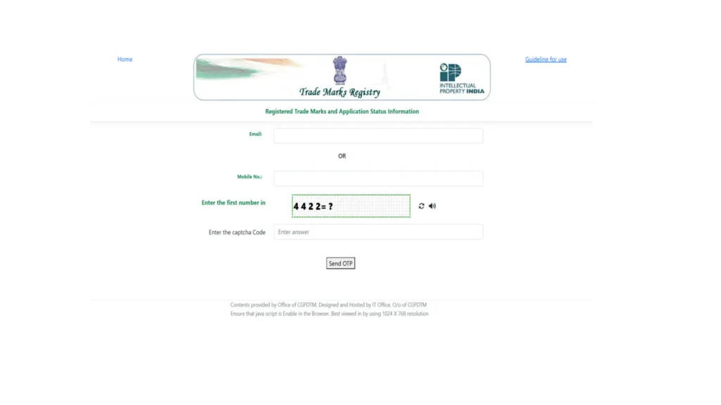 Screenshot of the Intellectual Property India portal showing the "Registered Trade Marks and Application Status Information" form with fields for Email, Mobile Number, and Captcha.