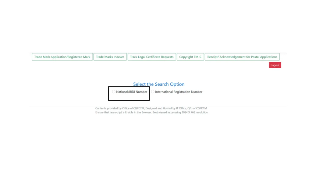 Screenshot of the CGPDTM trademark public search portal showing the selection of National / IRDI Number search criteria.