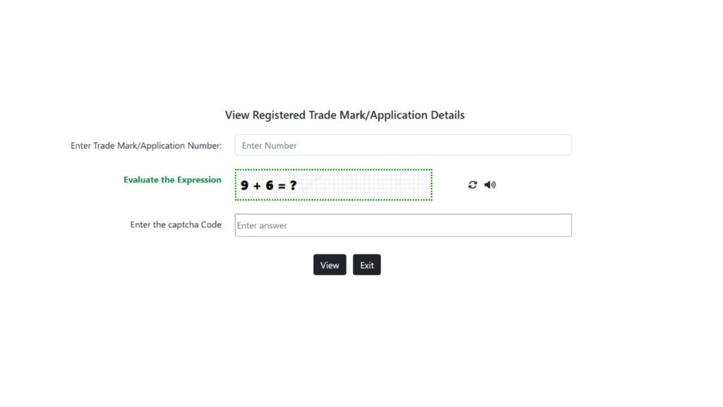 A screenshot of a "View Registered Trade Mark/Application Details" web form, featuring fields for an application number and a math-based captcha reading "9 + 6 = ?".