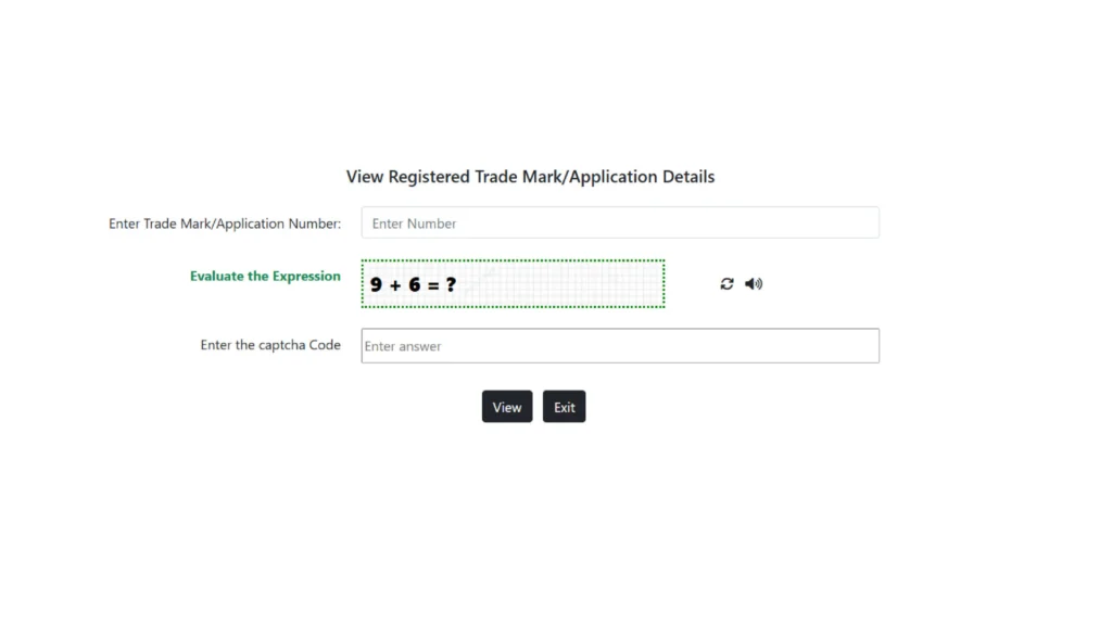 A screenshot of a "View Registered Trade Mark/Application Details" web form, featuring fields for an application number and a math-based captcha reading "9 + 6 = ?".