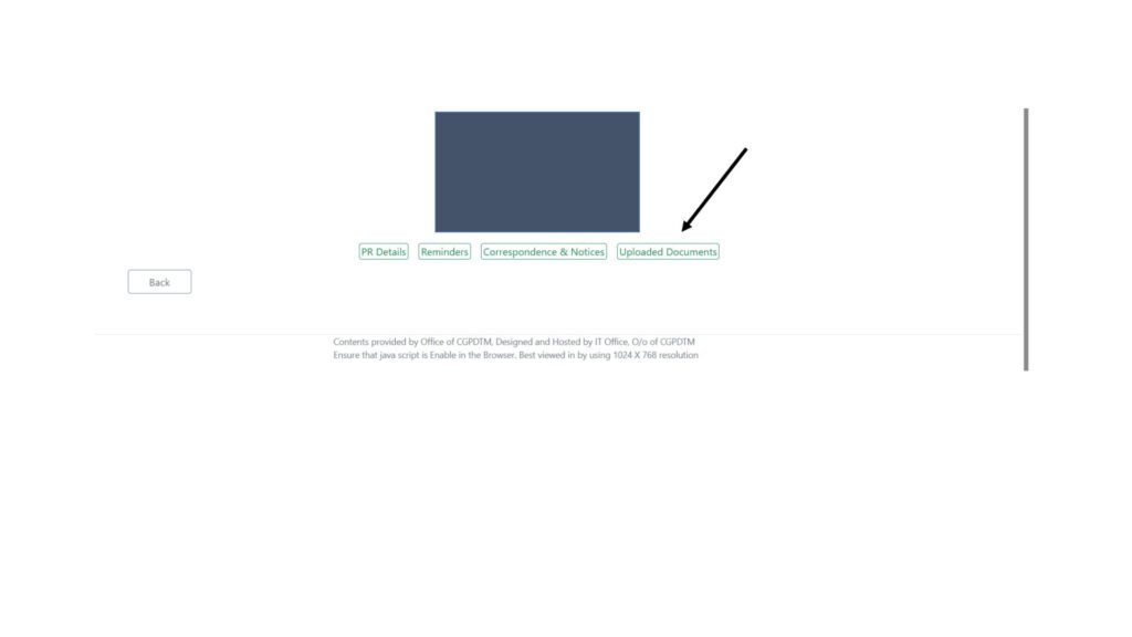 Screenshot of the IP India trademark portal showing the 'Uploaded Documents' tab with a directional arrow for downloading a registration certificate.
