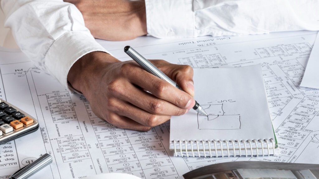 A person's hand sketching an invention on a notepad next to a list of patent drafting elements like Title, Field, and Background.