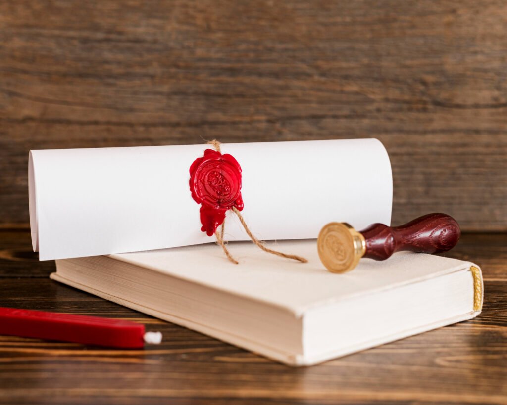 A formal wax-sealed scroll resting on a white book with a wooden stamp, illustrating the legal concept of a patent grant.
