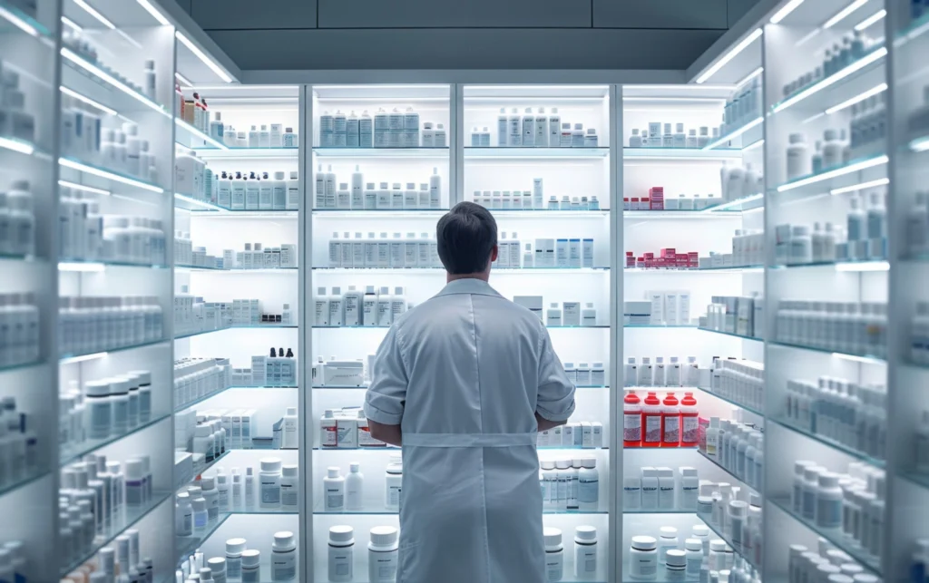 A pharmacist or researcher in a white lab coat stands facing a massive, brightly lit modern storage wall filled with pharmaceutical products and medicine bottles.