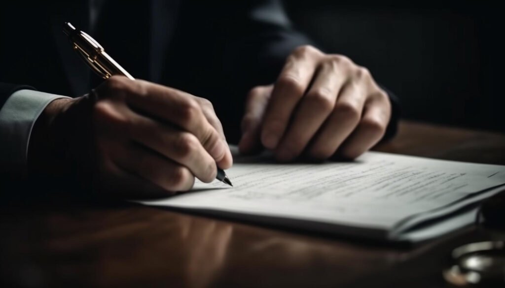 Close-up of a business professional or lawyer signing a legal document on a wooden desk, representing patent portfolio management and preventing a patent lapse.