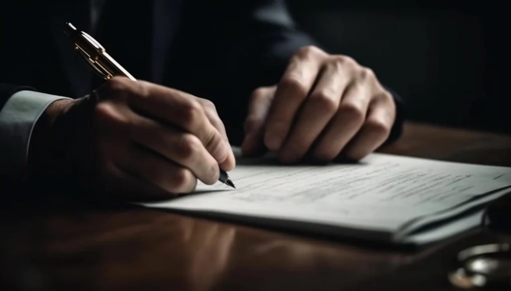 Close-up of a business professional or lawyer signing a legal document on a wooden desk, representing patent portfolio management and preventing a patent lapse.