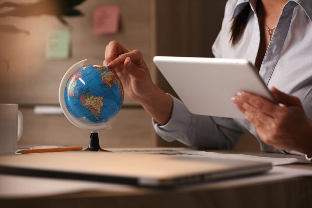 Professional researching global intellectual property and the international patent application phase.