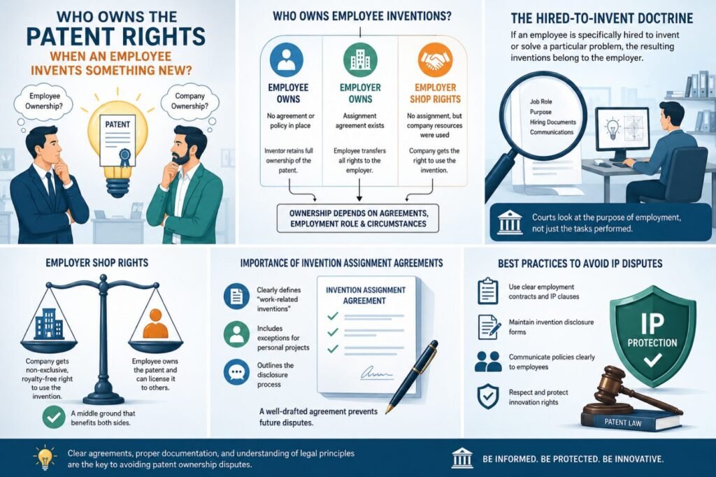 A comprehensive infographic detailing how to avoid patent and intellectual property disputes between employers and employees, covering the hired-to-invent doctrine, invention assignment agreements, and best practices.