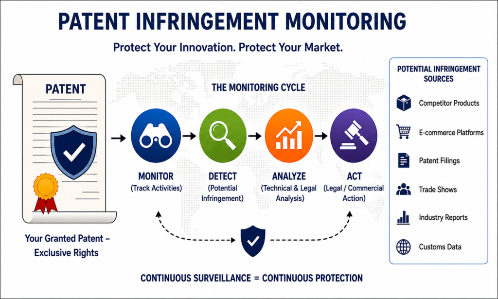 Infographic illustrating the patent infringement monitoring cycle: monitor, detect, analyze, and act.