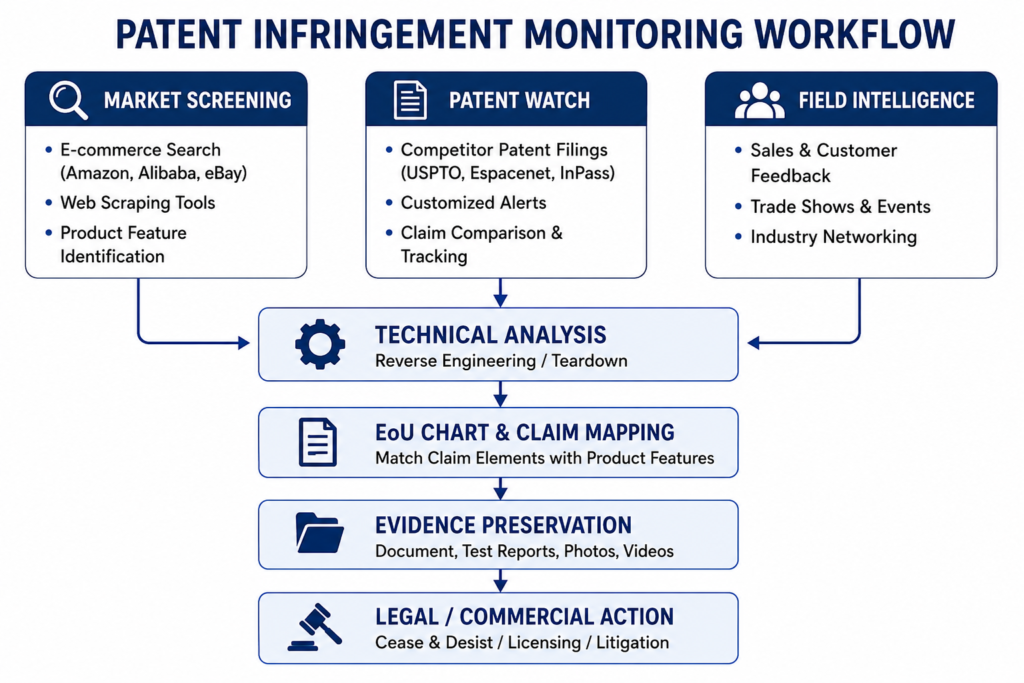 Flowchart showing the patent infringement monitoring workflow, from market screening and technical analysis to legal action.