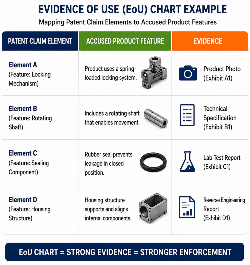Example of an Evidence of Use chart mapping patent claim elements to accused product features and evidence.