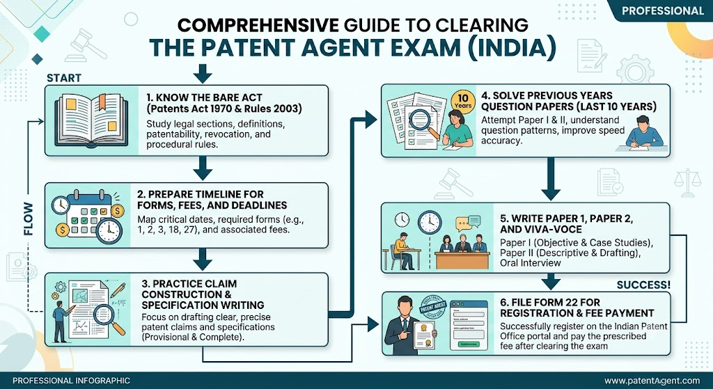 Step-by-step flowchart infographic for clearing the Indian Patent Agent Exam.
