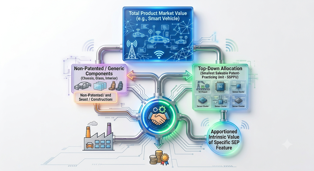 Diagram illustrating the calculation of royalty rates for multi-component tech products, total product market value, and SSPPU top-down allocation