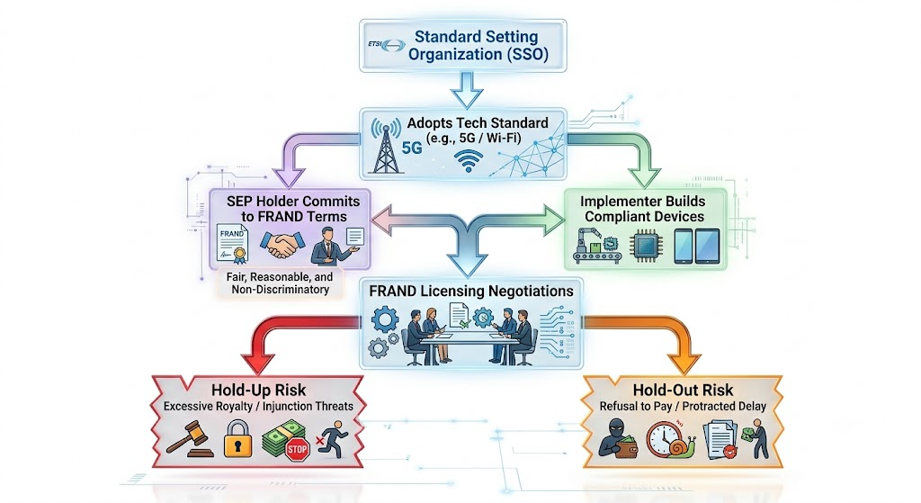 Process flowchart illustrating Standard Setting Organizations, FRAND licensing negotiations, and hold-up versus hold-out risks
